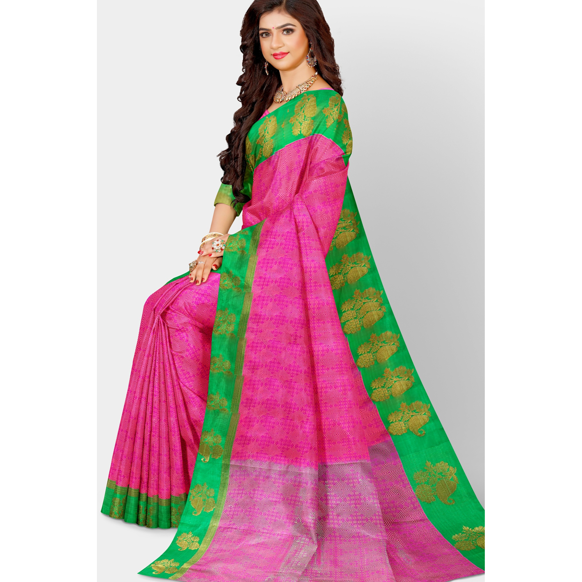 Pink Katan Silk Saree with beautiful contrast Green border - TheHangr