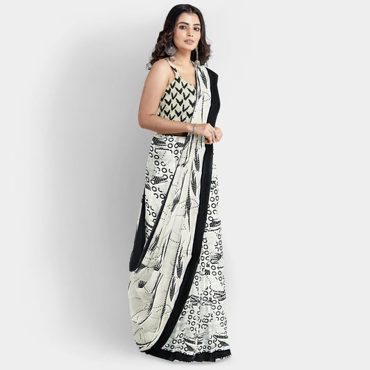 Cream Indian Formal Silk Saree with Bold Black Border and Abstract Patterns