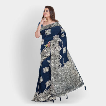 Royal Blue Dola Silk Saree with Silver Zari Border and Butta Patterns