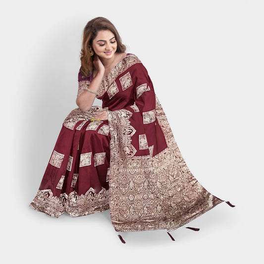 Elegant Maroon Dola Silk Saree with Silver Zari Detailing