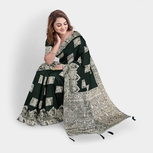 Elegant Black Dola Silk Saree with Intricate Silver Zari Work and Tassel Detailing