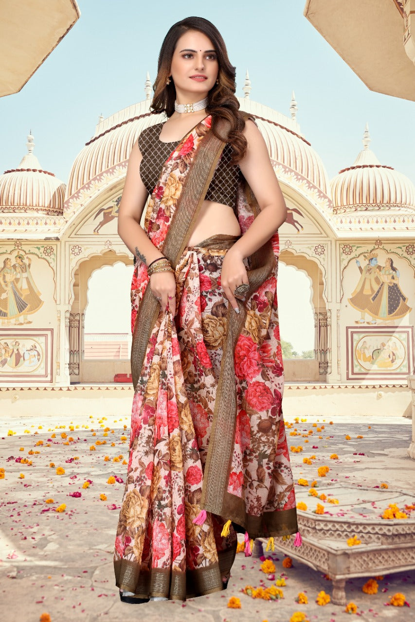 Women's multicolor flower print Linen saree with brown border and running Pallu
