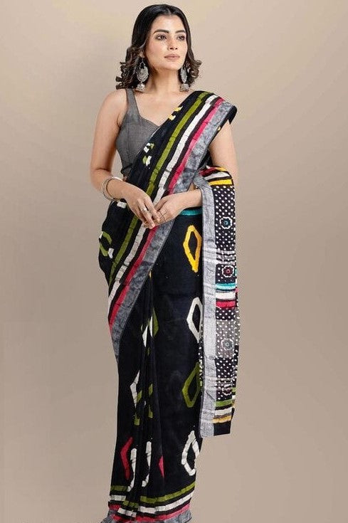 Women's Black Saree with multicolor geometrical design.