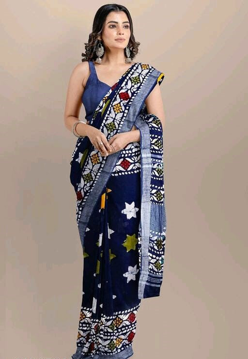 Women's Linen navy blue multicolor stars printed Saree Saree casual Linen Multicolour Navy Blue Printed Saree work IMG-20230606-WA0009