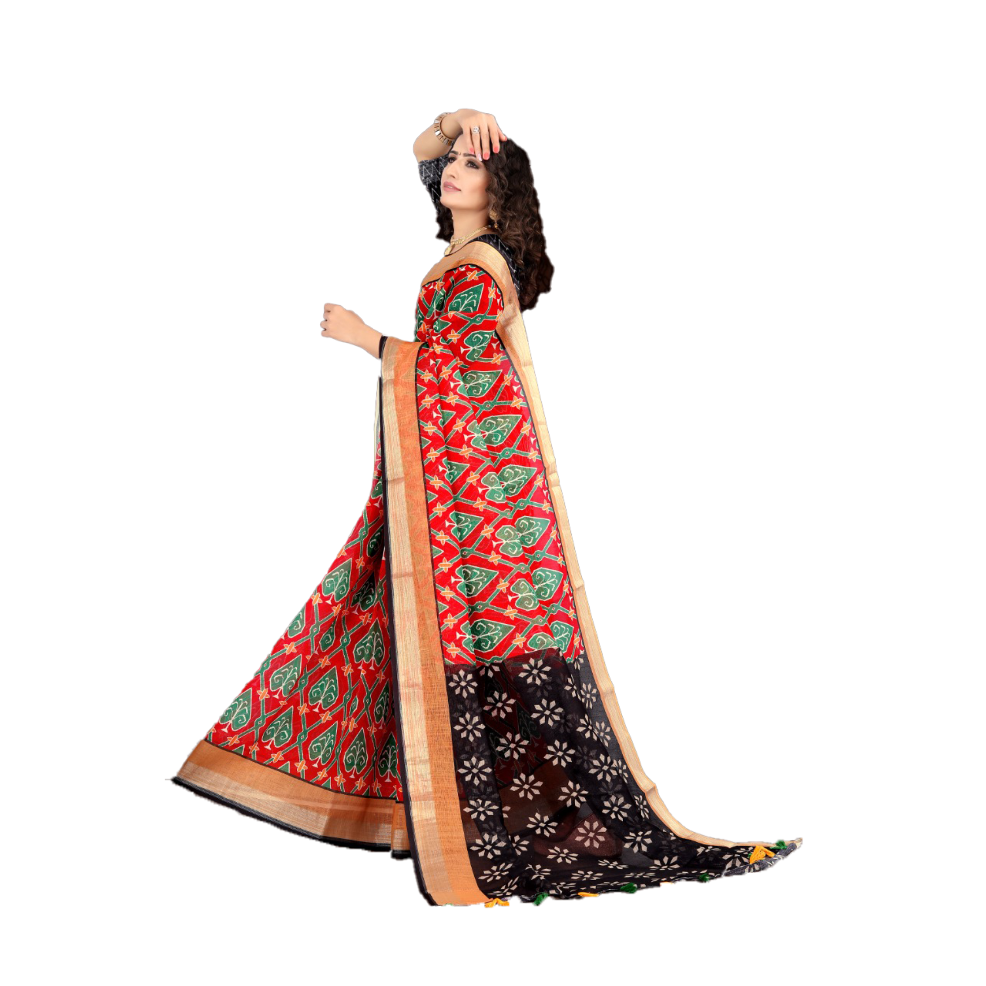 Women's Linen Red Saree with Green Betel Leaf print with contrast Black Floral Pallu - TheHangr