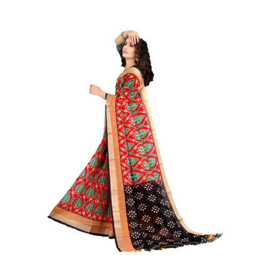 Women's Linen Red Saree with Green Betel Leaf print with contrast Black Floral Pallu Saree black casual dark green Geometrical Green Light Green Linen Multicolour Off white orange Plain Printed red Saree sea green silver white work IMG-20230801-WA0023