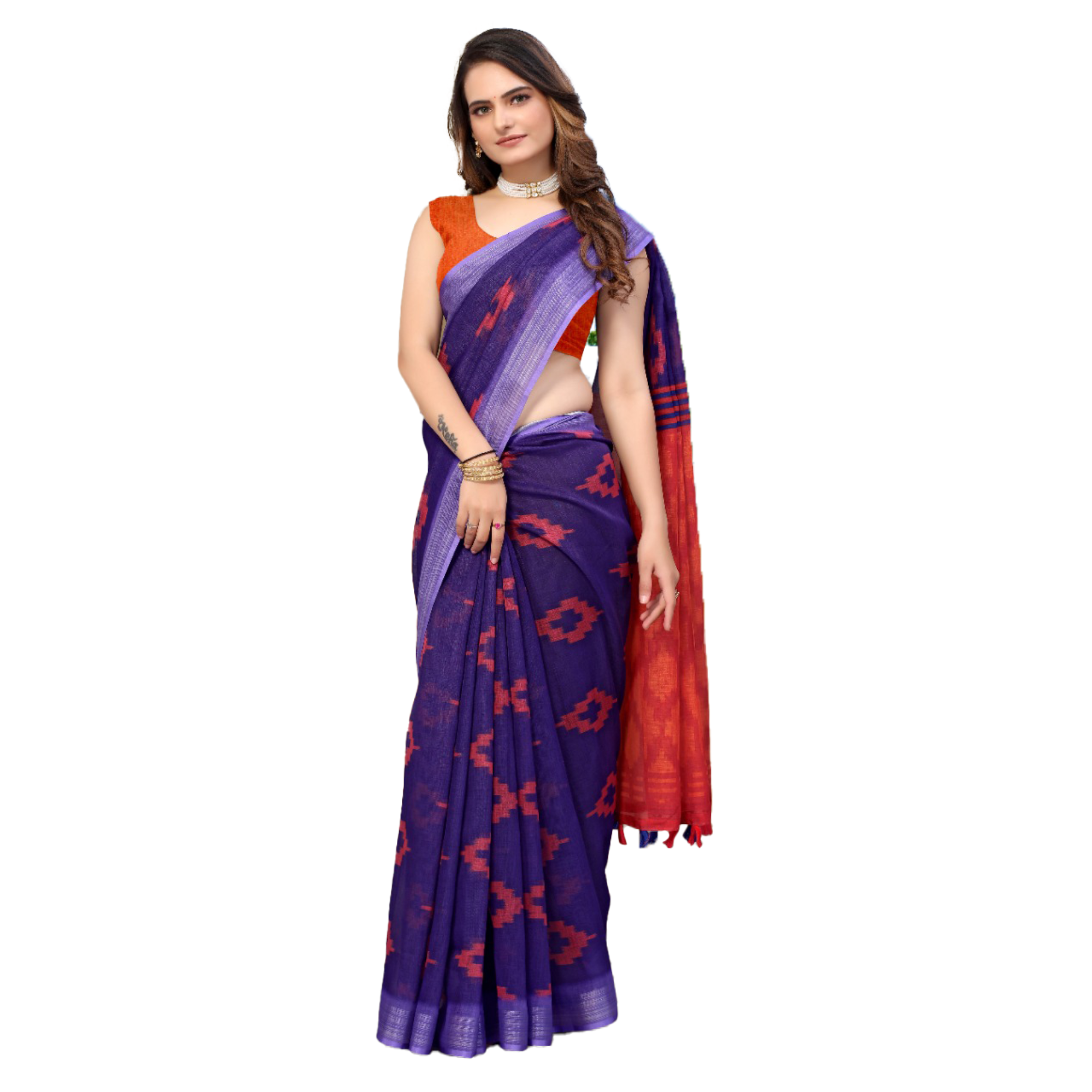 Women's Linen Blue Saree with Red Geometrical Design with purple border and contrast Red Pallu - TheHangr