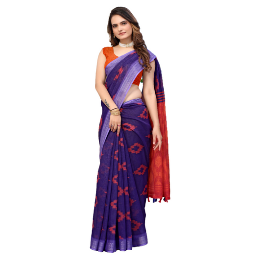 Women's Linen Blue Saree with Red Geometrical Design with purple border and contrast Red Pallu Saree blue casual dark blue Geometrical light blue light purple Linen Printed Purple red royal blue Saree sky blue steel blue work IMG-20230801-WA0025