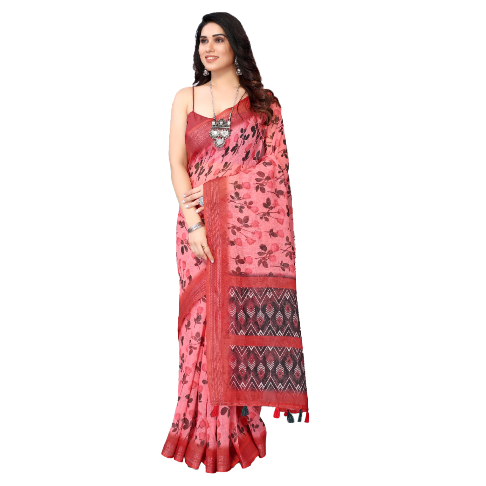 Women's Linen Blue Saree with Red Geometrical Design with purple border and contrast Red Pallu - TheHangr