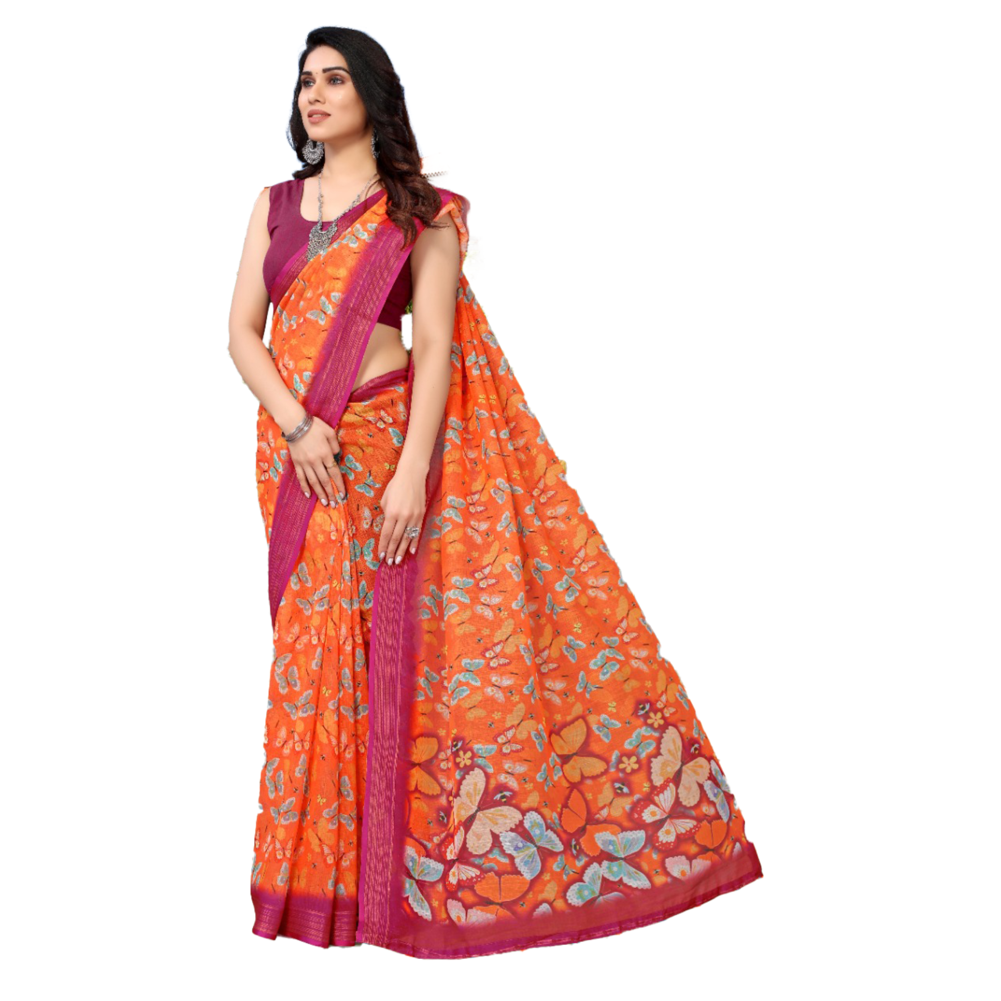 Women's Orange Saree with multicolor butterfly print with pink border and running Pallu. - TheHangr