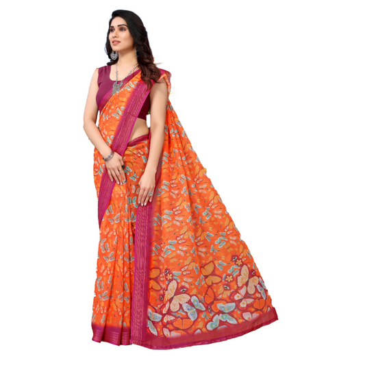 Women's Orange Saree with multicolor butterfly print with pink border and running Pallu. Saree casual Linen Milticolour Off white orange pink Printed Rani Pink red Saree white work IMG-20230801-WA0035