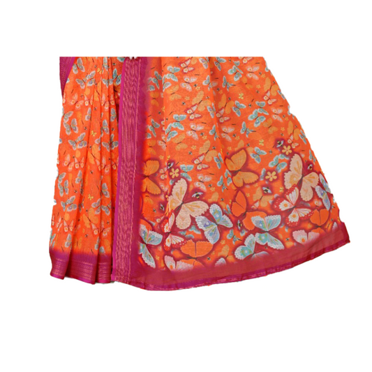 Women's Orange Saree with multicolor butterfly print with pink border and running Pallu. Saree casual Linen Milticolour Off white orange pink Printed Rani Pink red Saree white work IMG-20230801-WA0035a