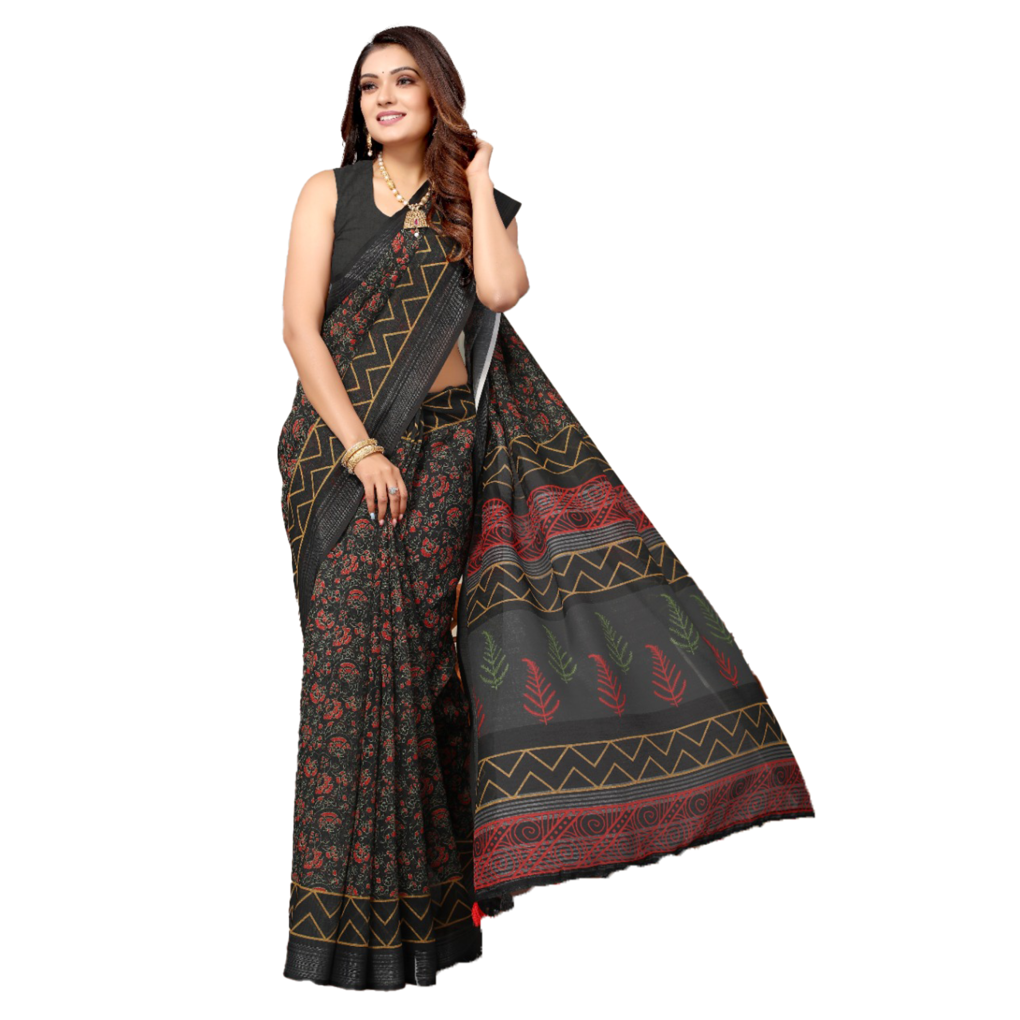 Women's Black Saree with digital red Flower print with zig zag border and leafy Pallu. - TheHangr