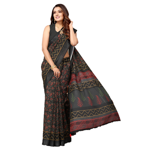 Women's Black Saree with digital red Flower print with zig zag border and leafy Pallu. Saree black casual Digital flower Linen Milticolour pink Printed Rani Pink red Saree work zig zag IMG-20230801-WA0036