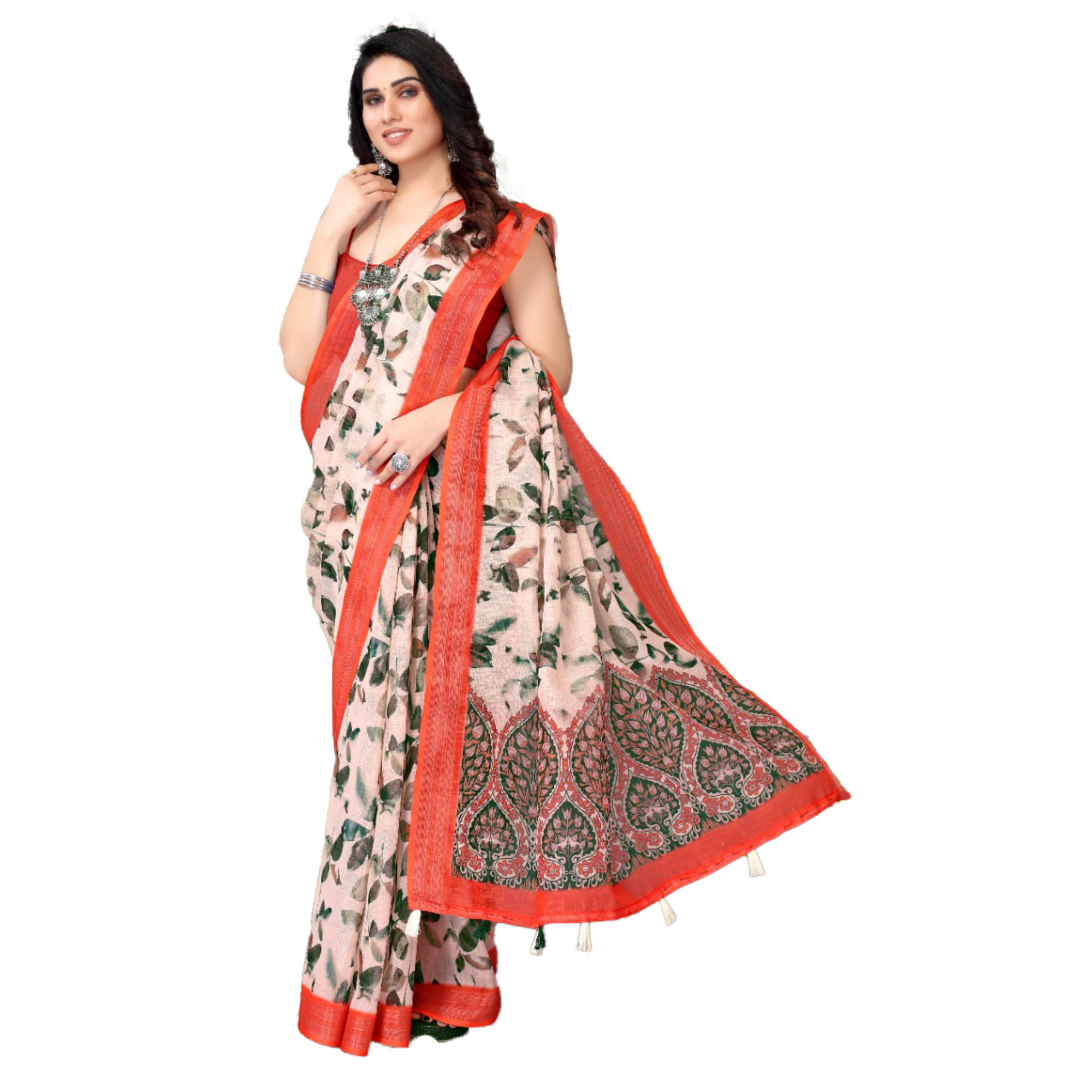 Women's Pink Saree with printed leaf pattern, red border with beautiful betel leaf print. - TheHangr