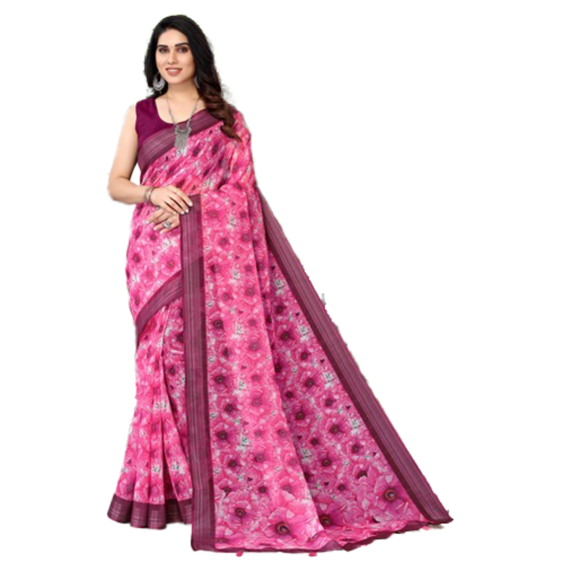 Women's Pink printed Saree with brown border and running Pallu. - TheHangr