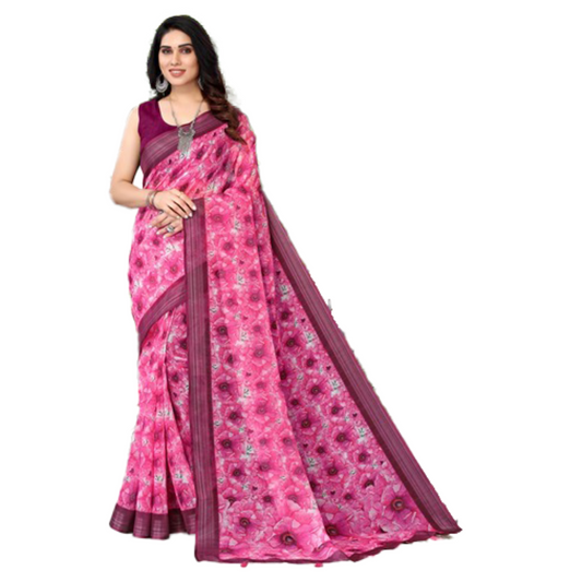 Women's Pink printed Saree with brown border and running Pallu. Saree Brown casual Digital flower Linen Milticolour pink Printed Rani Pink red Saree work IMG-20230801-WA0038