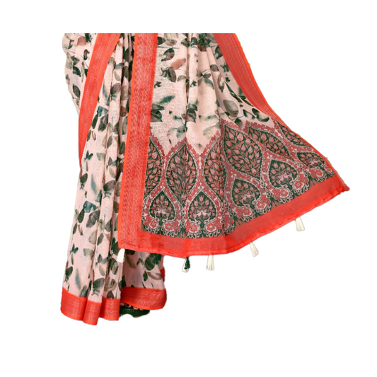 Women's Pink Saree with printed leaf pattern, red border with beautiful betel leaf print. Saree black casual Digital flower leaf Linen Milticolour pink Printed Rani Pink red Saree work IMG-20230801c-WA0037