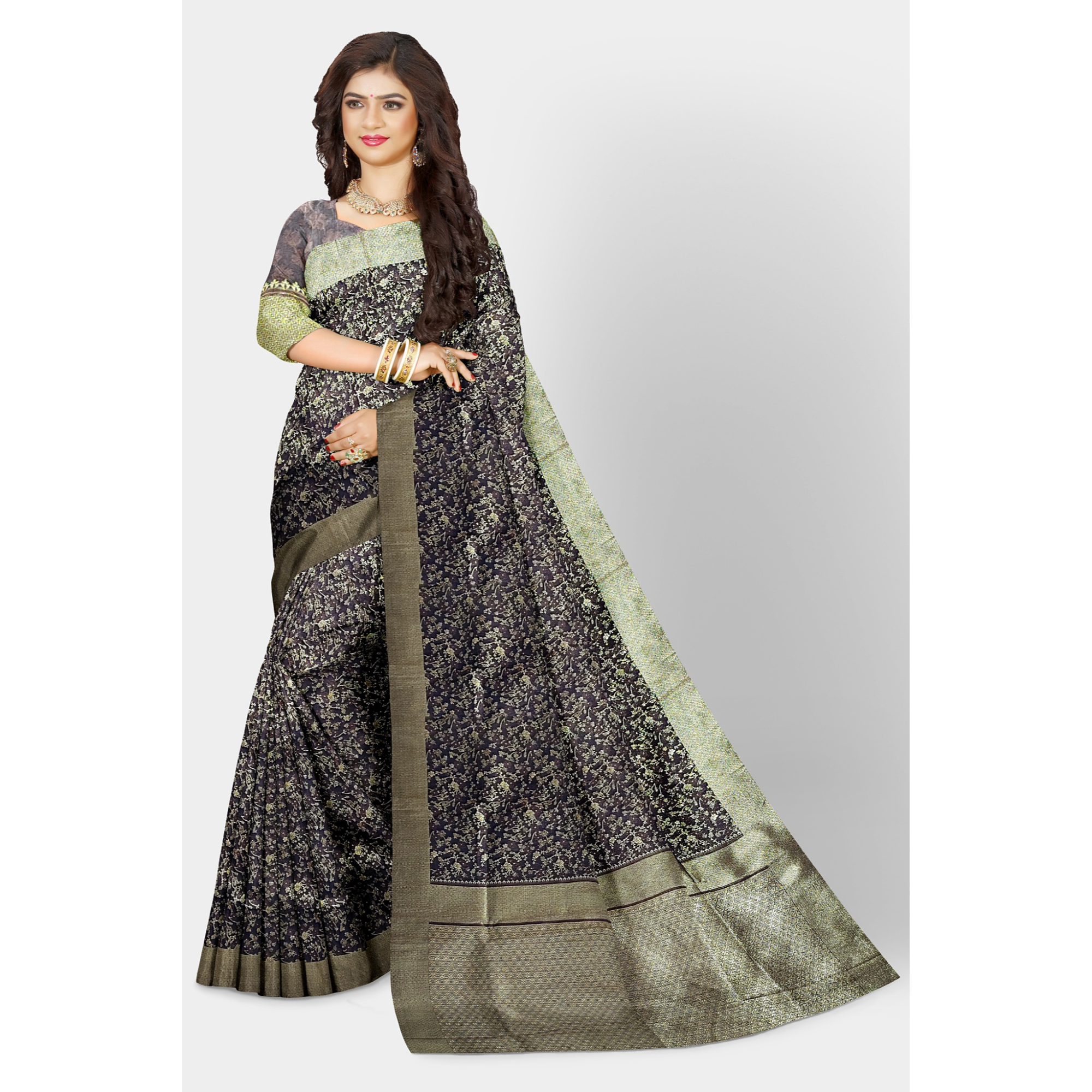 Dark Blue Jacquard Silk Saree with Royal Golden work all over the body. - TheHangr