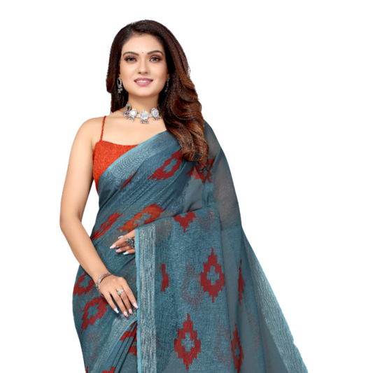 Women's Gray Geometrical print Saree with Red Pallu. Saree casual Digital Geomatrical Gray Linen Milticolour pink Printed Rani Pink red Saree Steel Gray work LinenGreen3