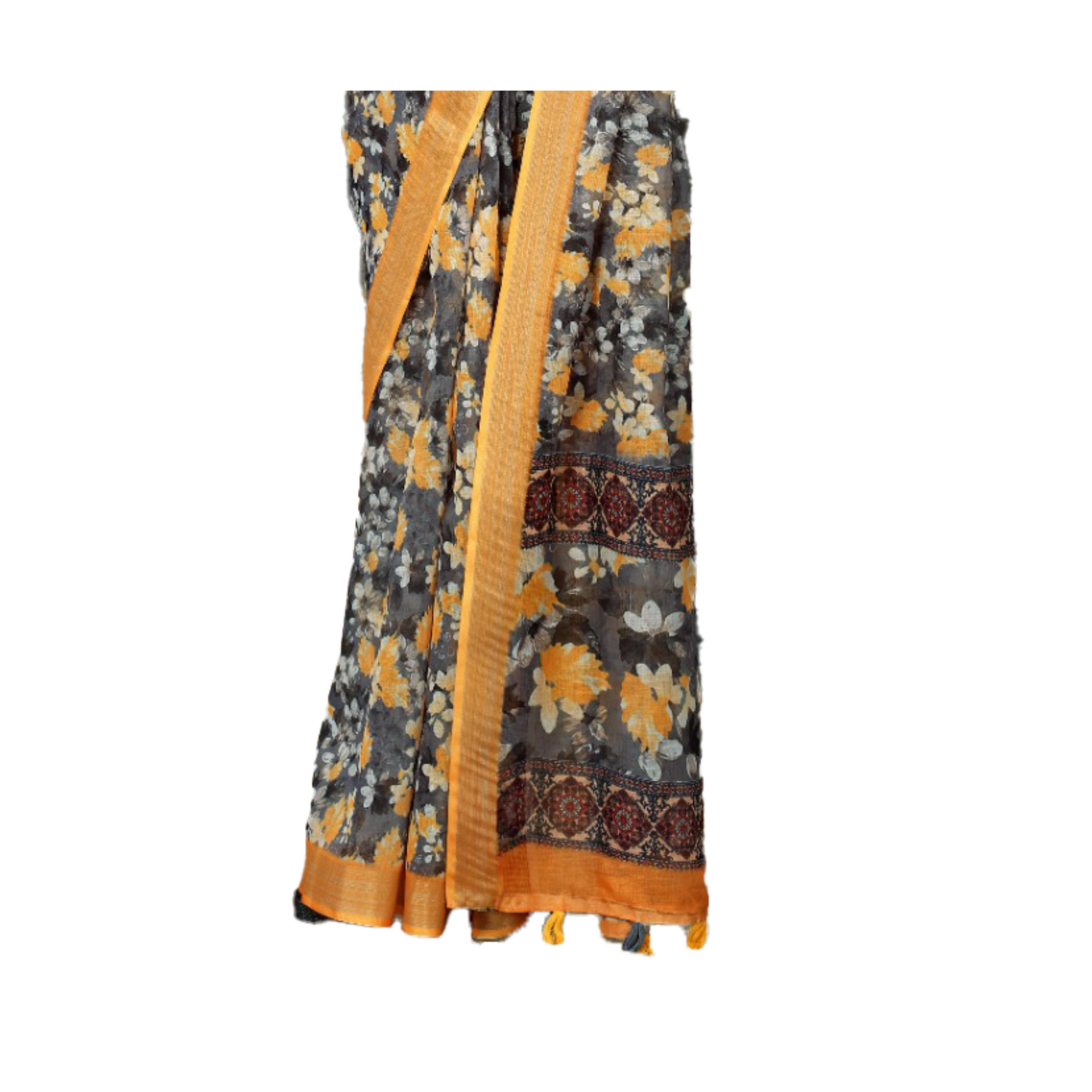 Women's Gray Saree with multicolor Flower print and Orange border. Saree casual Digital flower Gray Linen Milticolour Printed Saree Steel Gray work LinenYellow-GraySaree