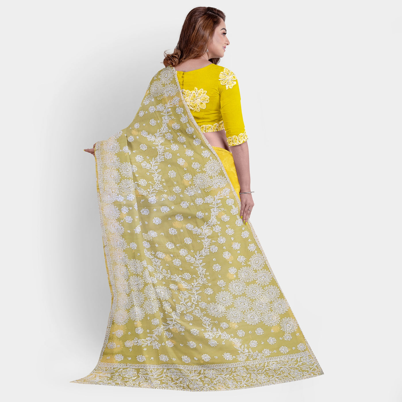 Hand Embroidered yellow Georgette Lucknowi Chikankari Saree with Blouse