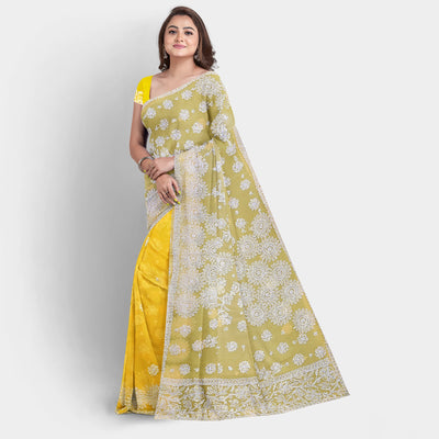 Hand Embroidered yellow Georgette Lucknowi Chikankari Saree with Blouse