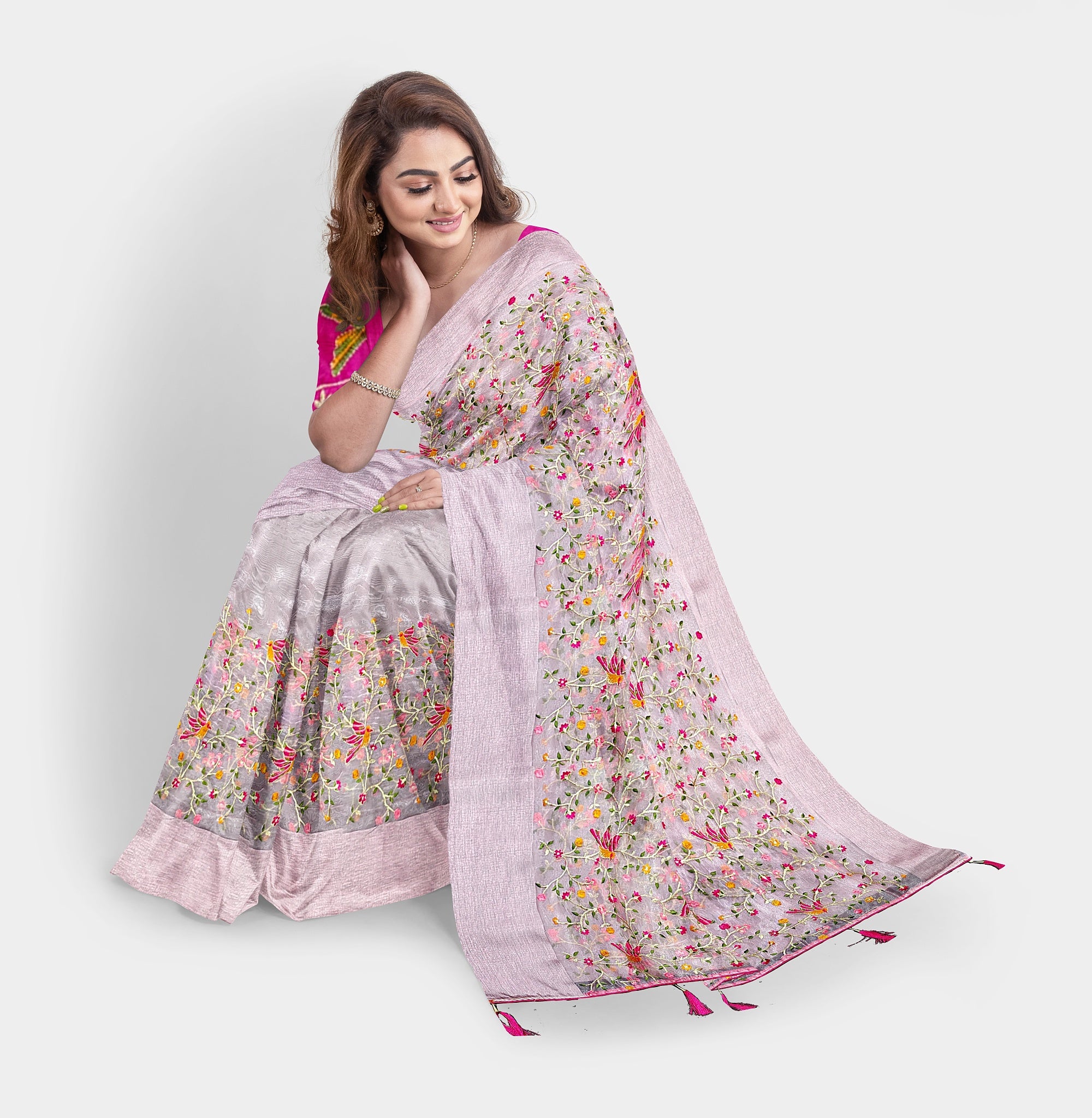 Organza Nature-Inspired Pink Hand Embroidery Saree - TheHangr