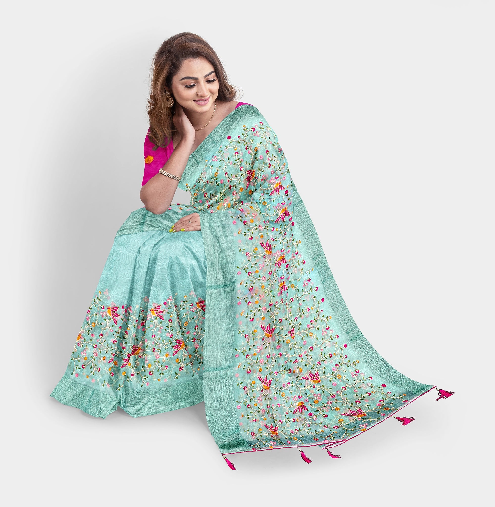 Organza Nature-Inspired Sky Blue Hand Embroidery Saree - TheHangr
