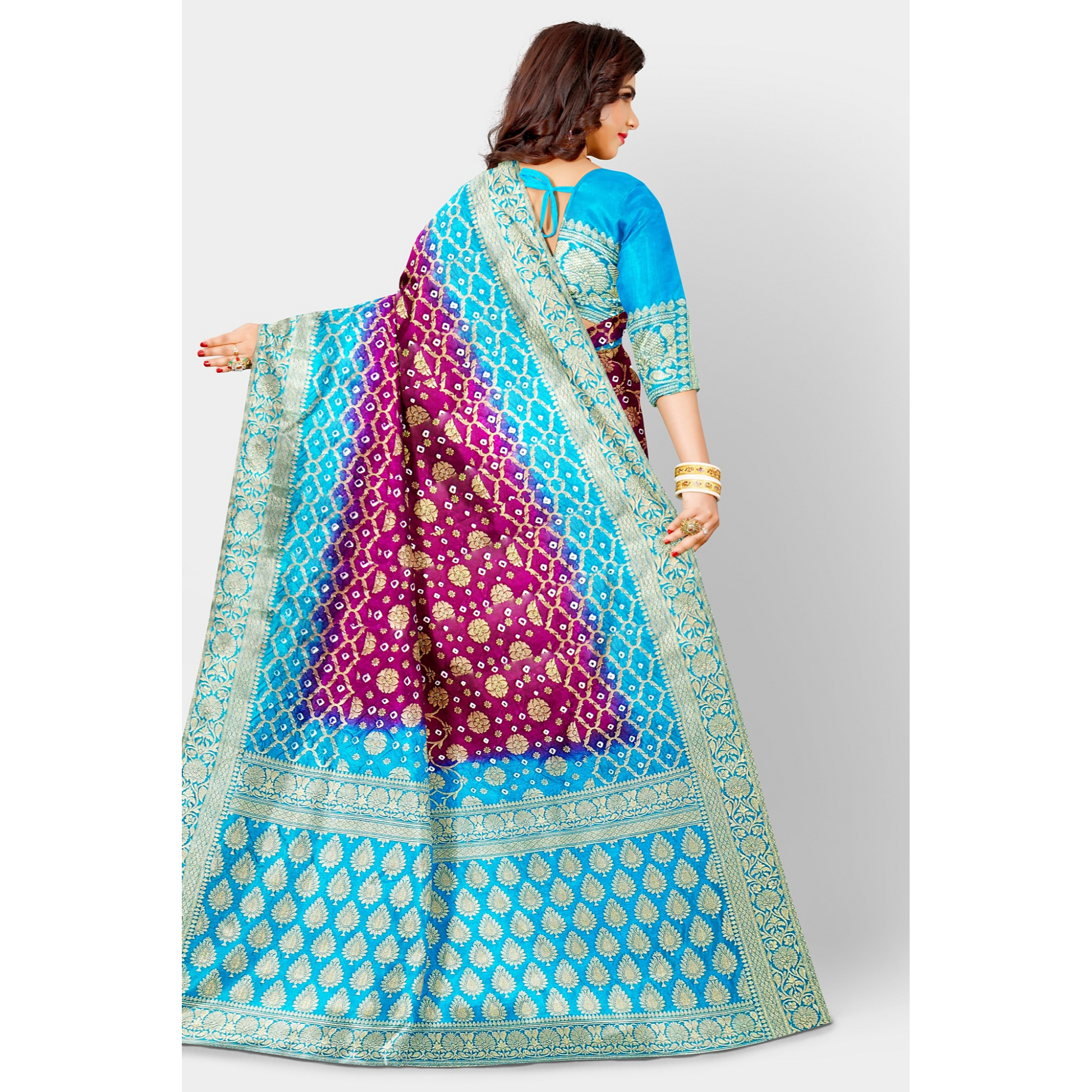 Wine Color Bandini Saree with golden weaving work and Blue border and Pallu. Saree Bandhej Bandini Cocktail dark blue Festive Floral golden light blue pink Printed Rani Pink royal blue Saree sky blue steel blue Weaving wine PureBandhej__silk_set303_bnrs_back1__2023-8-27-17-28-21__2730X4096_cb5a74e0-bf35-440d-803d-966d945c4a80