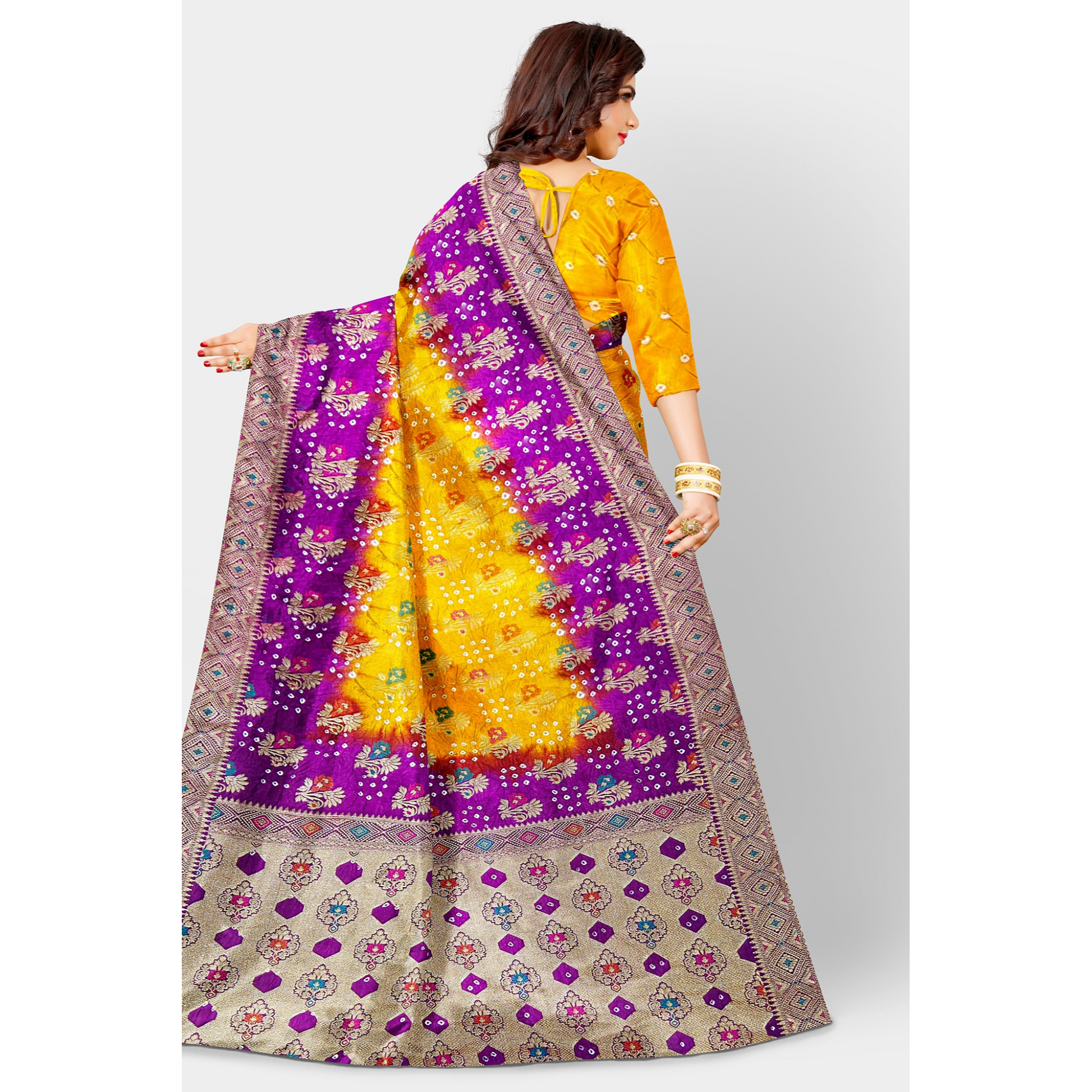 Yellow Bandini Saree with golden weaving work and Pink border and Pallu. Saree Bandhej Bandini Cocktail Festive Floral golden pink Printed Rani Pink Saree Weaving yellow PureBandhej__silk_set303_bnrs_back1__2023-8-27-17-29-36__2730X4096_a49a7507-f5ee-41fd-959d-175f8501edd6