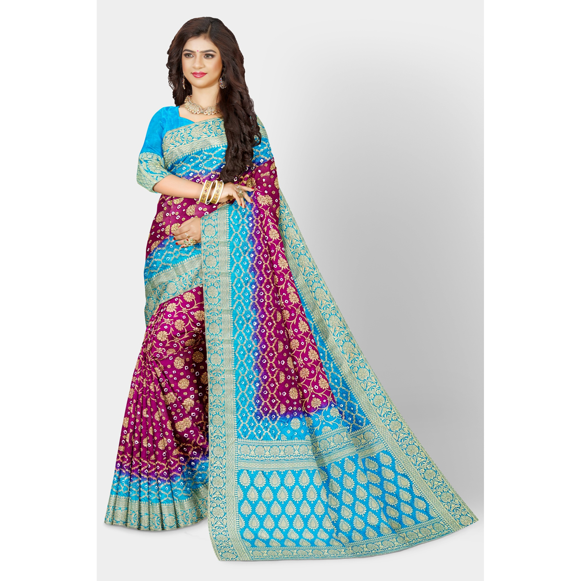 Wine Color Bandini Saree with golden weaving work and Blue border and Pallu. - TheHangr