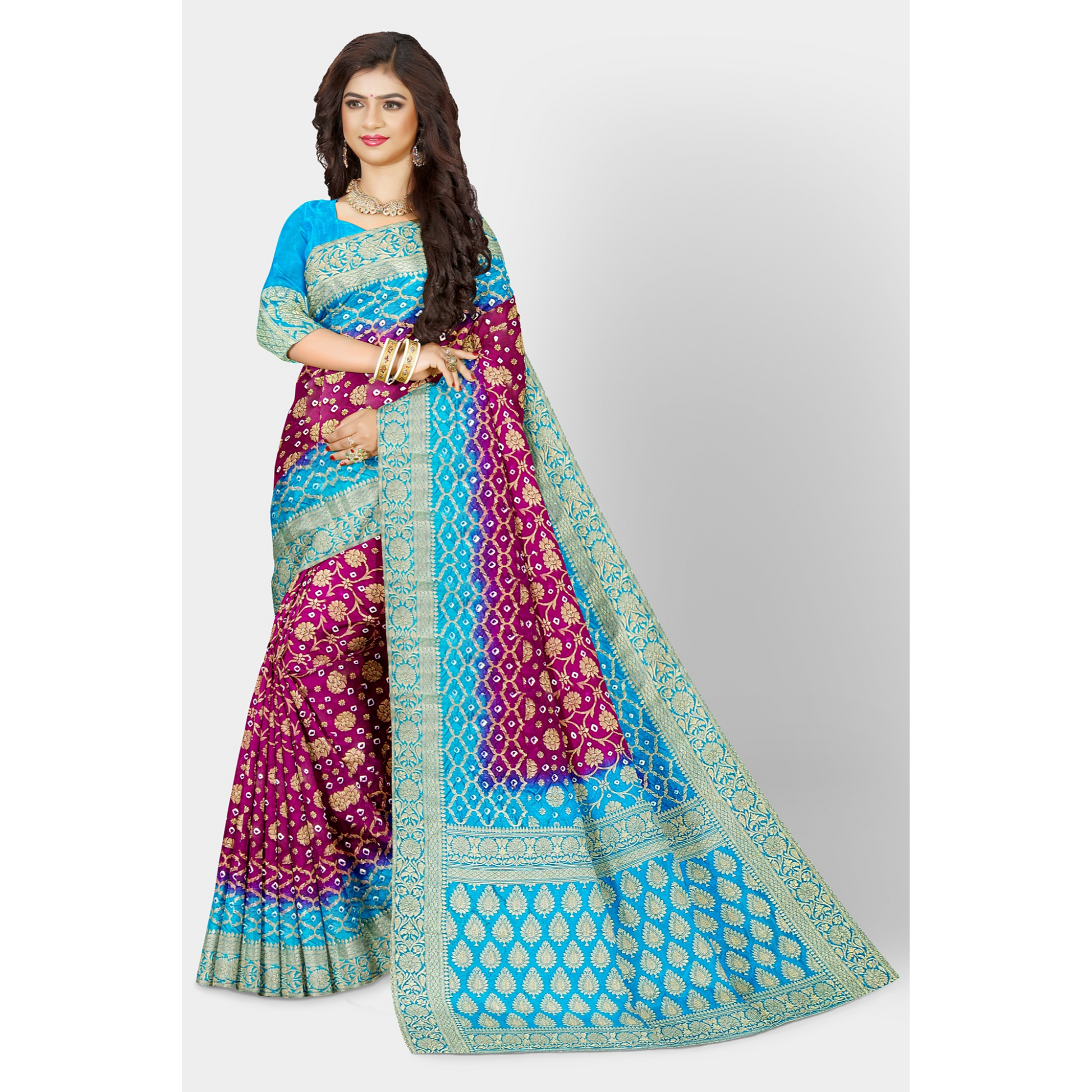 Wine Color Bandini Saree with golden weaving work and Blue border and Pallu. Saree Bandhej Bandini Cocktail dark blue Festive Floral golden light blue pink Printed Rani Pink royal blue Saree sky blue steel blue Weaving wine PureBandhej__silk_set303_bnrs_front1__2023-8-27-17-27-47__2730X4096_15f4c89d-a180-4233-82d8-208d1ccaabca