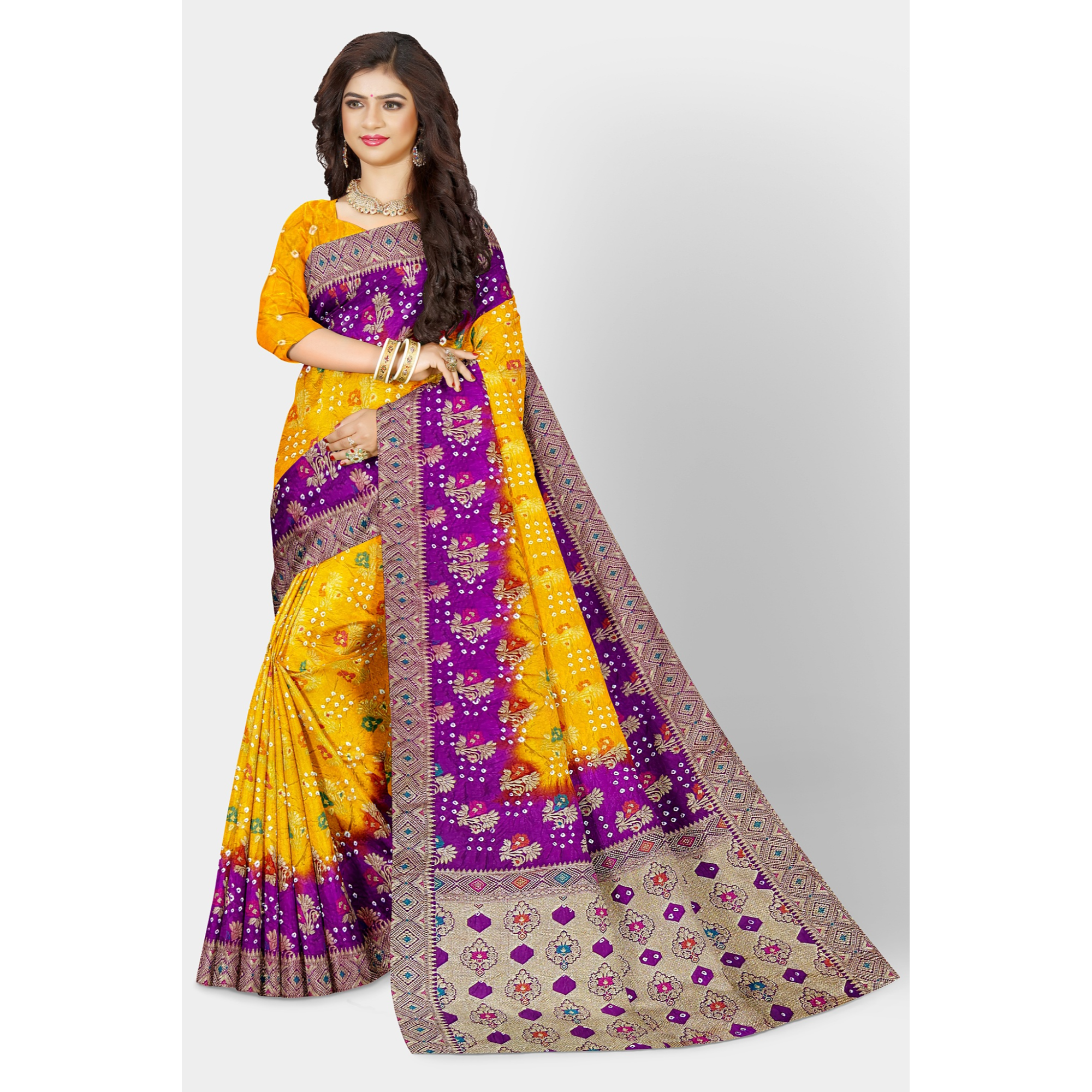 Yellow Bandini Saree with golden weaving work and Pink border and Pallu. - TheHangr