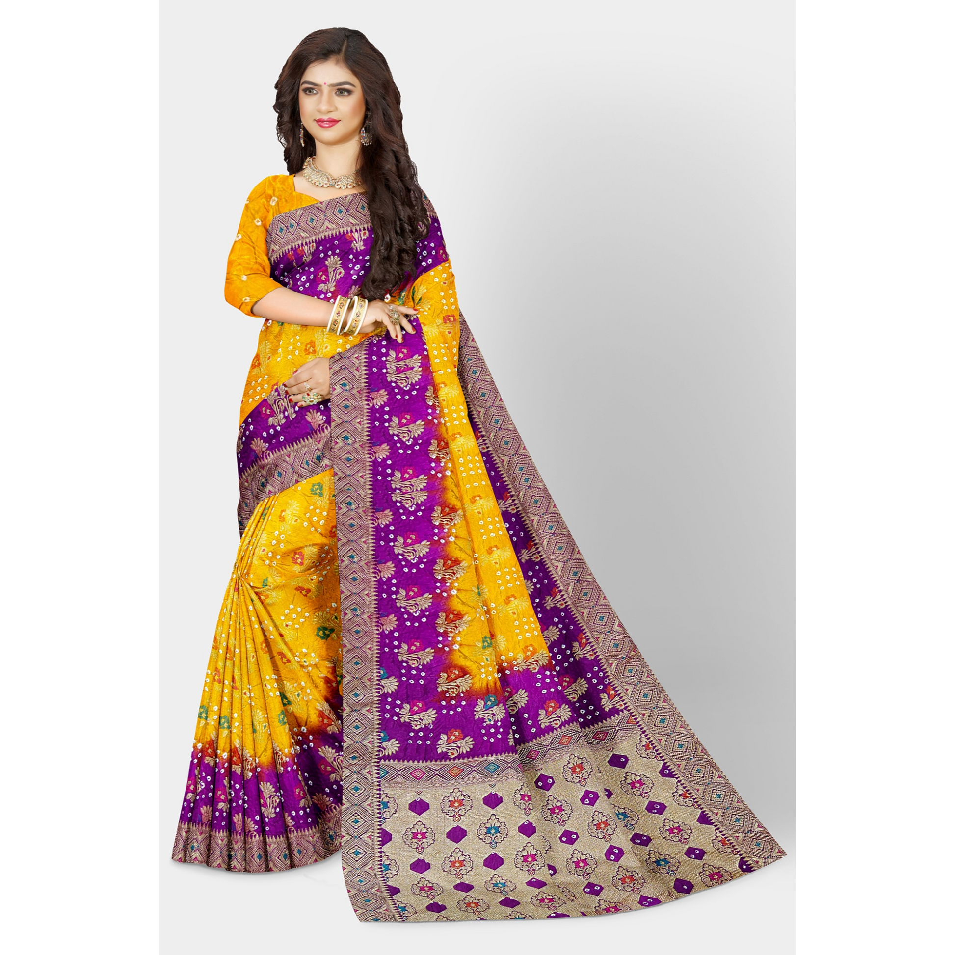 Yellow Bandini Saree with golden weaving work and Pink border and Pallu. Saree Bandhej Bandini Cocktail Festive Floral golden pink Printed Rani Pink Saree Weaving yellow PureBandhej__silk_set303_bnrs_front1__2023-8-27-17-29-0__2730X4096_f9275103-bdc0-412c-b8fc-0024b1ef9063