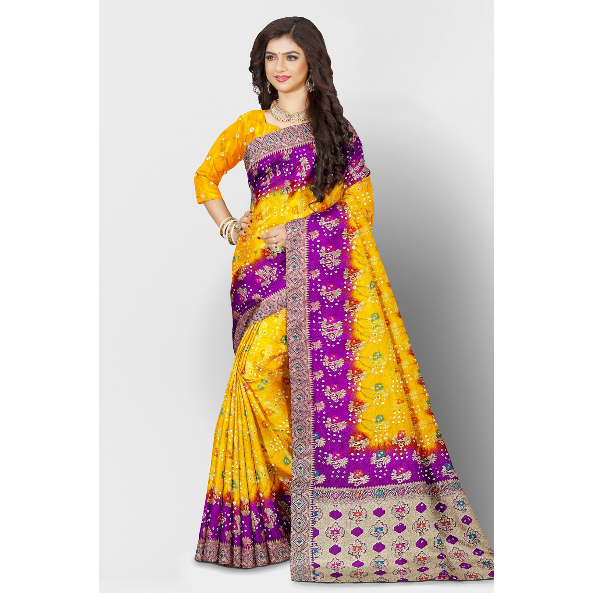 Yellow Bandini Saree with golden weaving work and Pink border and Pallu. Saree Bandhej Bandini Cocktail Festive Floral golden pink Printed Rani Pink Saree Weaving yellow PureBandhej__silk_set303_bnrs_side1__2023-8-27-17-29-27__2730X4096_43daf441-c05f-4088-aee3-ebefdaf973a8