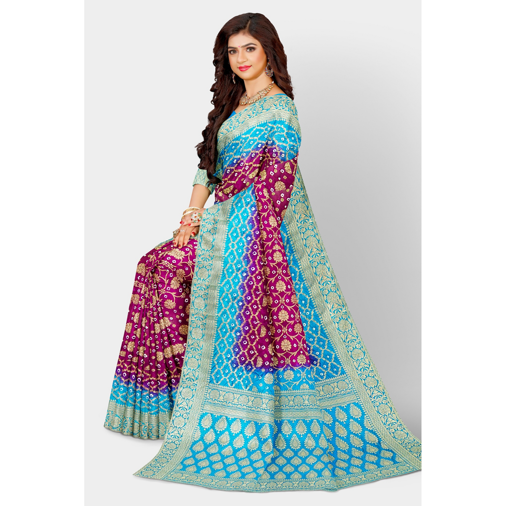 Wine Color Bandini Saree with golden weaving work and Blue border and Pallu. Saree Bandhej Bandini Cocktail dark blue Festive Floral golden light blue pink Printed Rani Pink royal blue Saree sky blue steel blue Weaving wine PureBandhej__silk_set303_bnrs_sitting1__2023-8-27-17-27-55__2730X4096_bd863251-b12f-46f9-94c3-723c7318028d
