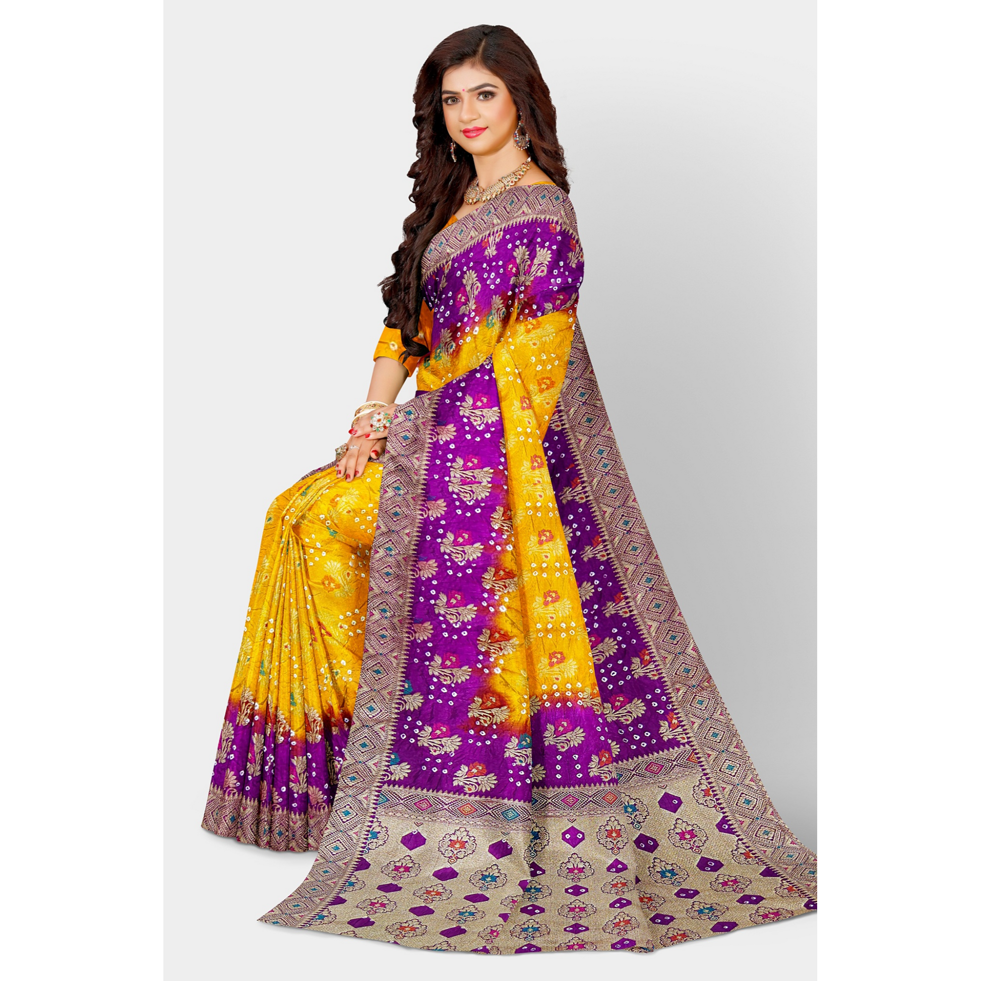 Yellow Bandini Saree with golden weaving work and Pink border and Pallu. Saree Bandhej Bandini Cocktail Festive Floral golden pink Printed Rani Pink Saree Weaving yellow PureBandhej__silk_set303_bnrs_sitting1__2023-8-27-17-29-8__2730X4096_cd102004-4a6d-4981-9f65-3db3e9a83235