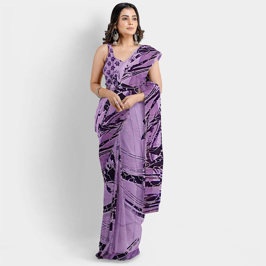 Purple Indian Formal Silk Saree with Black Floral Prints