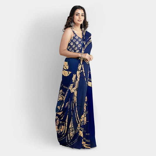 Blue Indian Formal Silk Sarees with Black Geometric Print | TheHangr