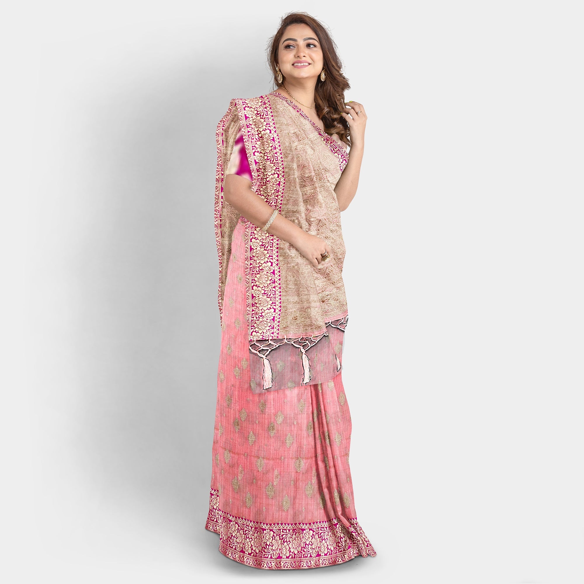 Raw Silk Light Pink Saree with Dark Pink Border - TheHangr