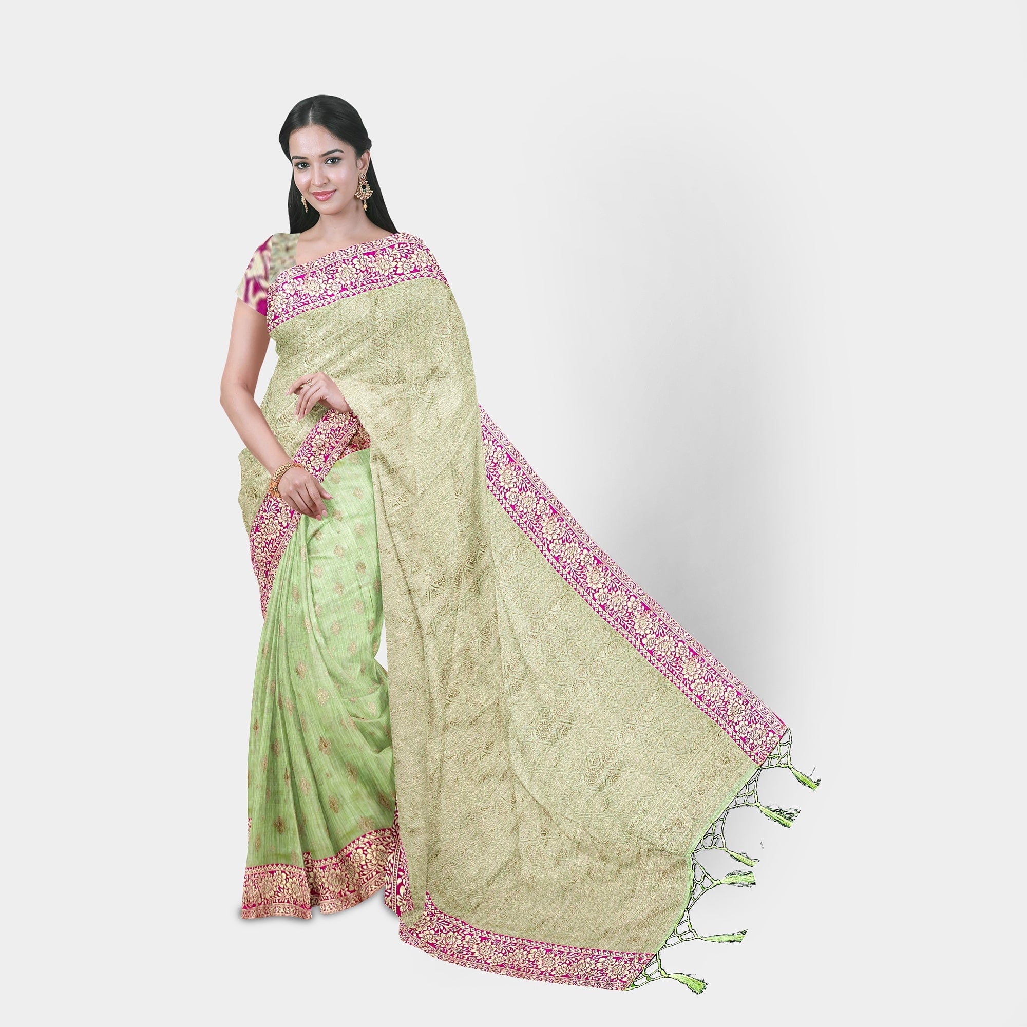 Raw Silk Light Green Saree with Pink Border - TheHangr