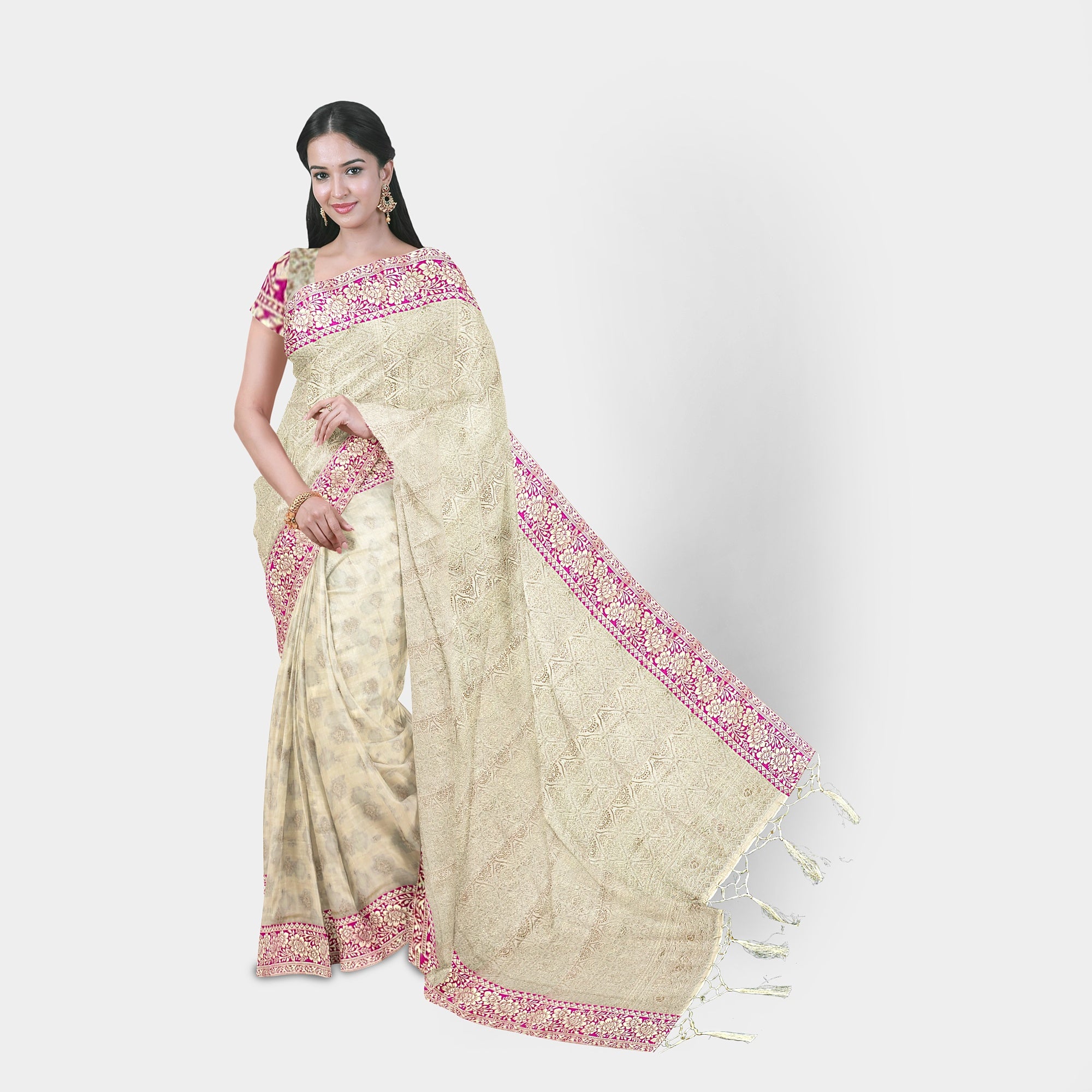 Raw Silk Cream color Saree with contrast Pink Border - TheHangr