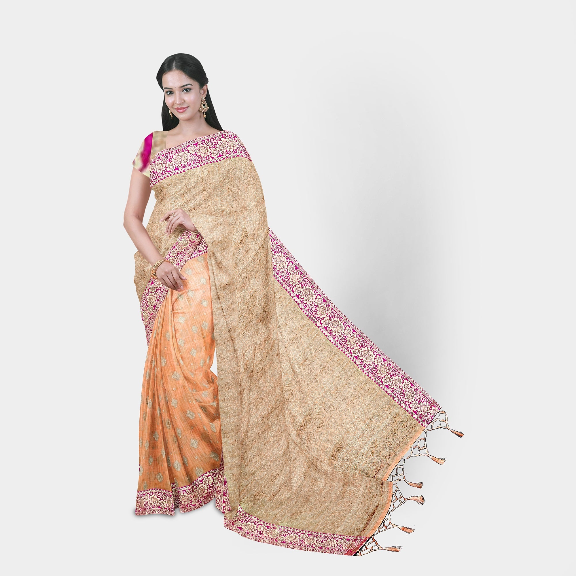 Raw Silk light Orange saree with contrast Pink Border - TheHangr