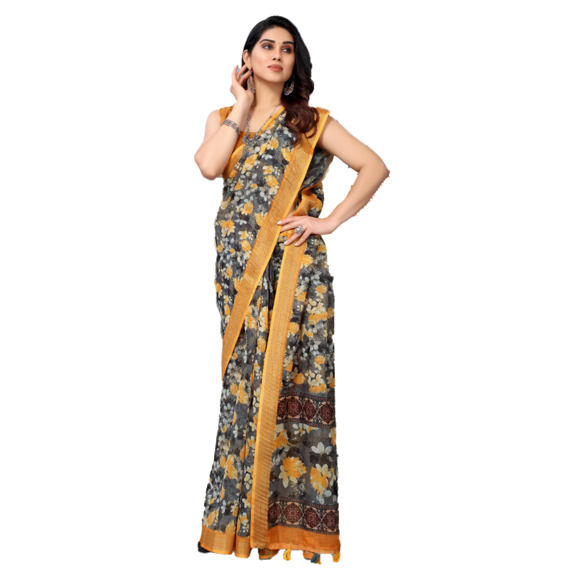 Women's Gray Saree with multicolor Flower print and Orange border. Saree casual Digital flower Gray Linen Milticolour Printed Saree Steel Gray work WhatsAppImage2023-08-01at21.06.35