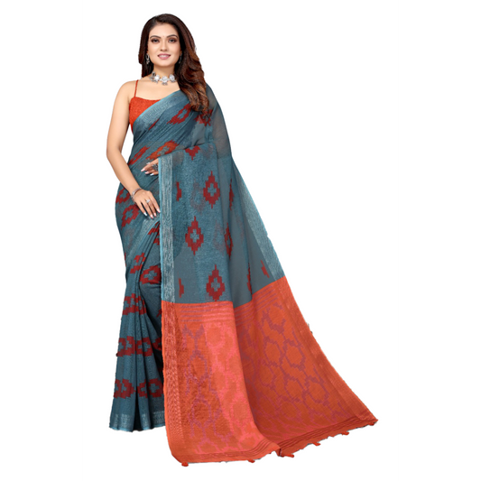 Women's Gray Geometrical print Saree with Red Pallu. Saree casual Digital Geomatrical Gray Linen Milticolour pink Printed Rani Pink red Saree Steel Gray work WhatsAppImage2023-08-01at21.06.35_1