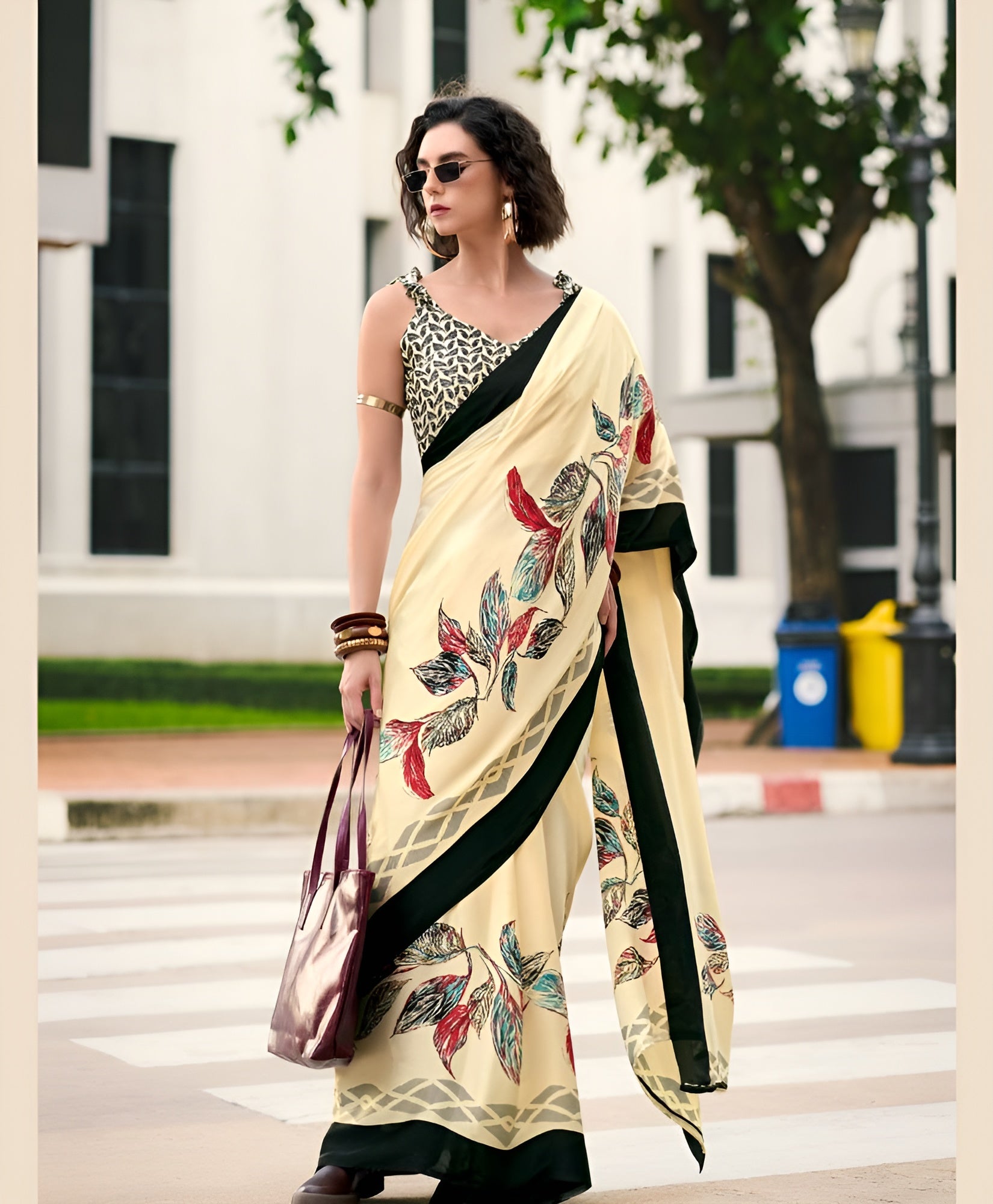 Ivory Japan Silk Saree with Vibrant Botanical Prints