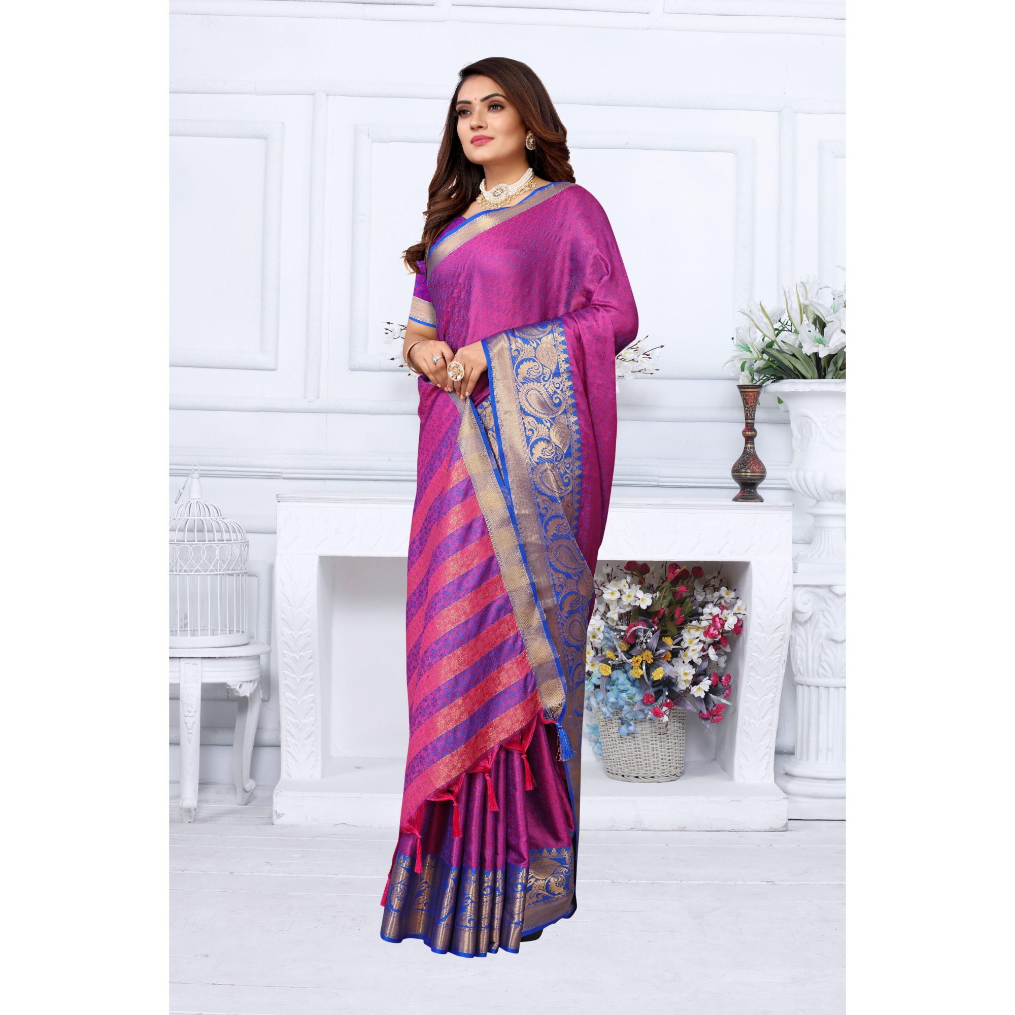 Silk and Cotton Jacquard Saree with Silk and Cotton Blouse Piece purple with blue border - TheHangr
