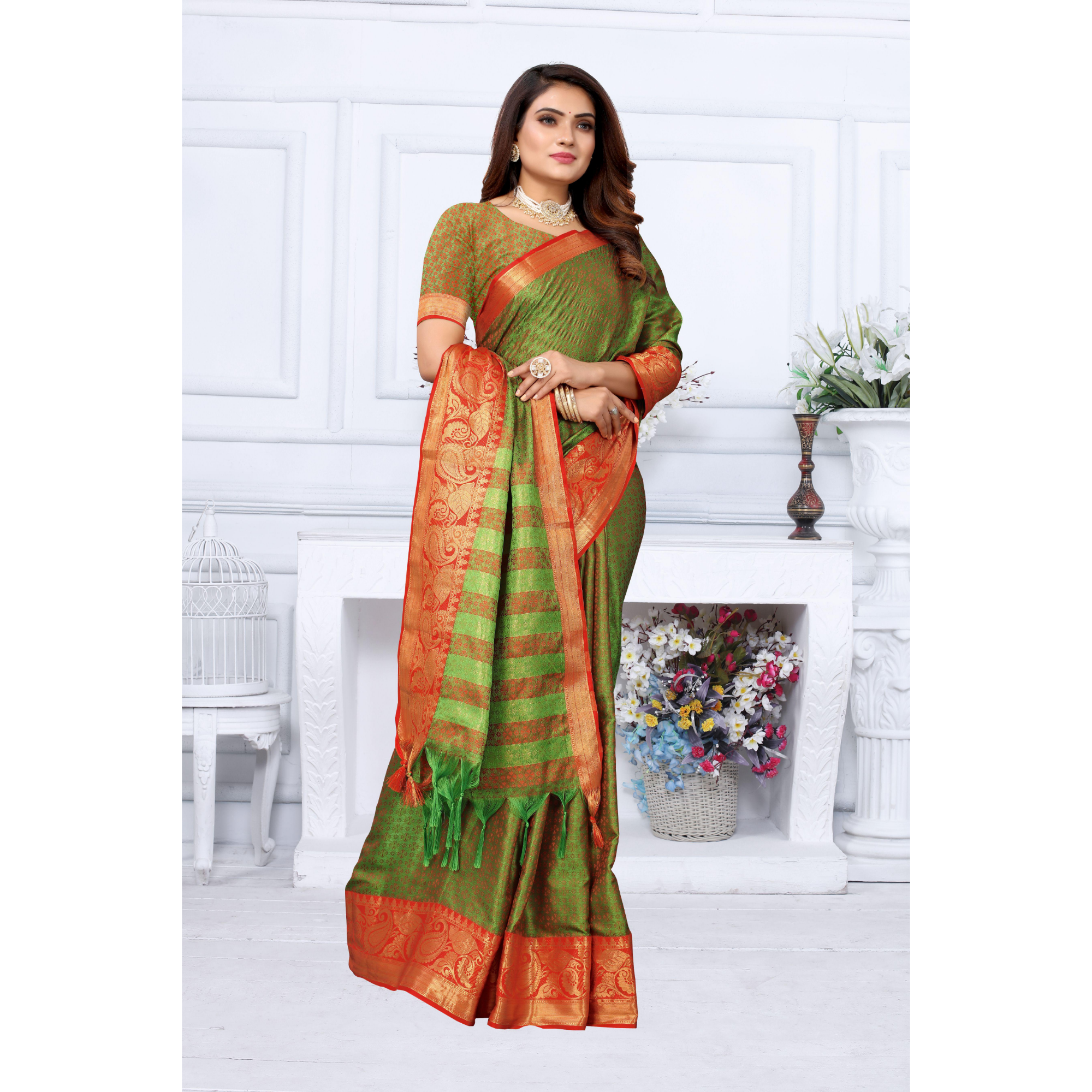 Silk and Cotton Jacquard Saree with Silk and Cotton Blouse Piece Green with red border - TheHangr