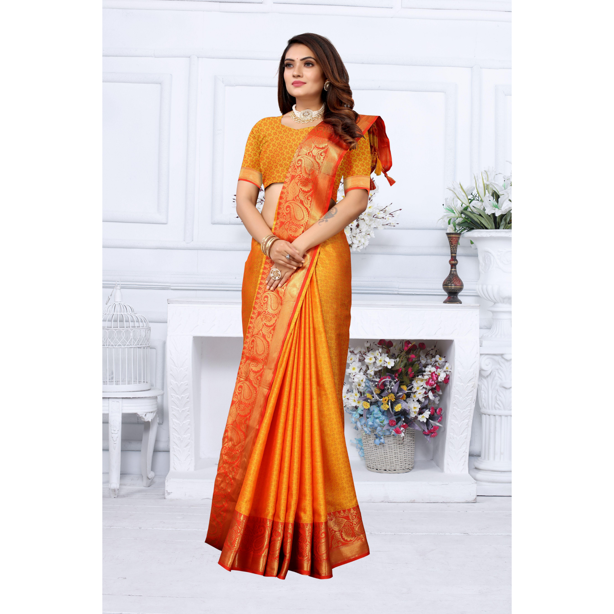 Silk and Cotton Jacquard Saree with Silk and Cotton Blouse Piece Orange with red border - TheHangr